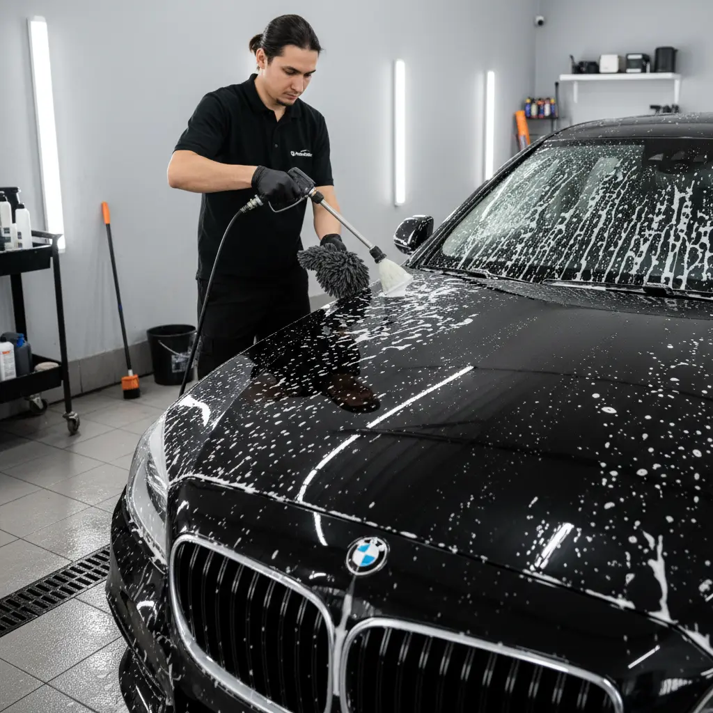 Professional auto detailing on a glossy sedan